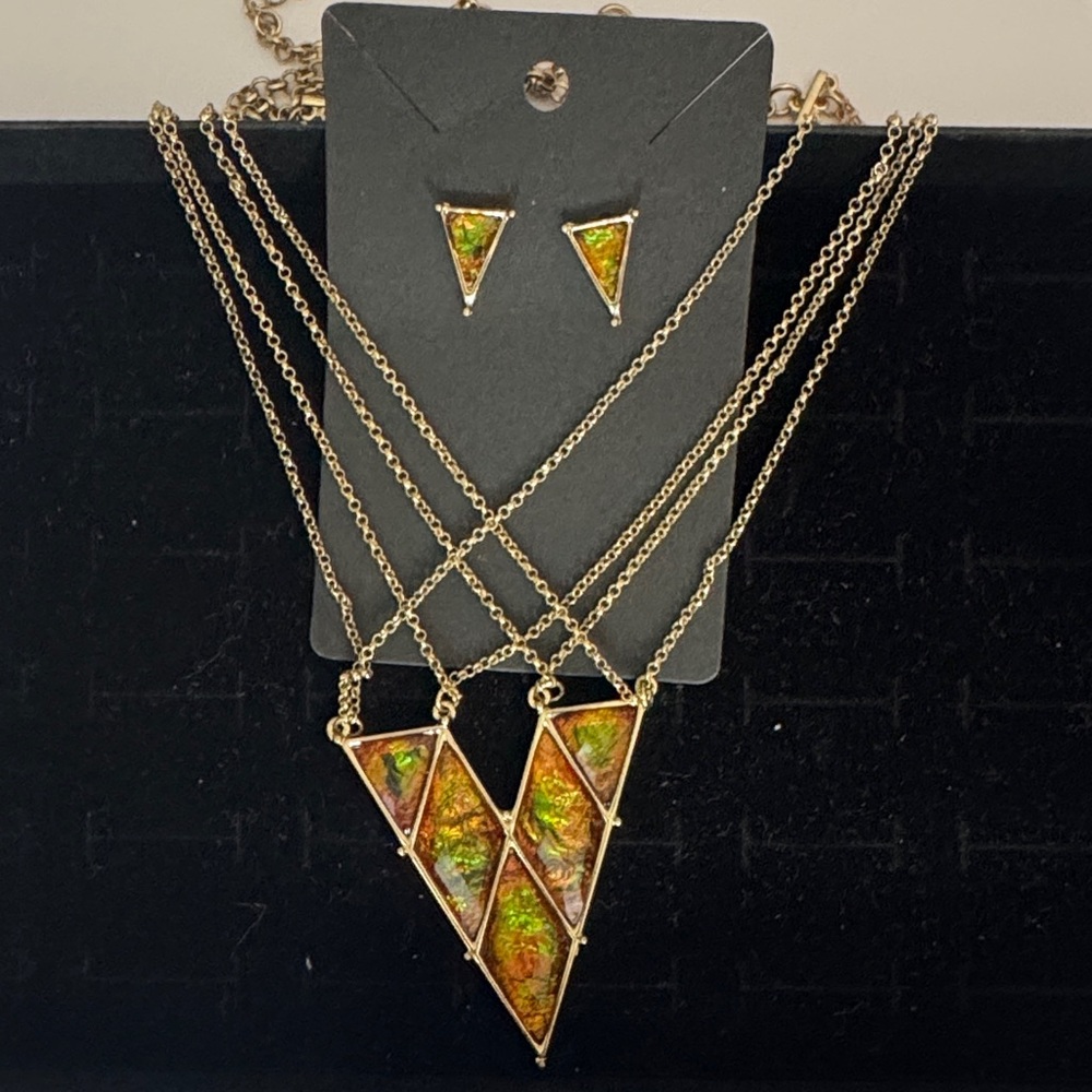 Gold and Orange Triangle Pendant Necklace and Earring Set